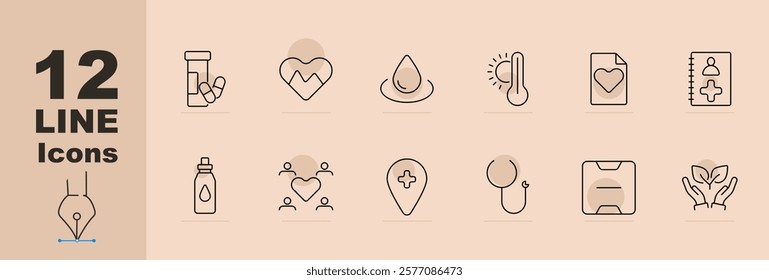 Health and wellness set icon Pills, heartbeat, water drop, thermometer, health record, user log, bottle, family, health pin, balloon, scale, hands. Health, medical, care