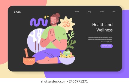 Health and Wellness theme. A serene individual practices yoga, surrounded by symbols of peace and a balanced diet, reflecting a holistic approach to well-being. Vector illustration.