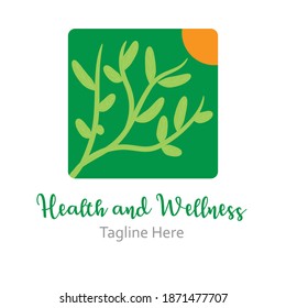 Health and wellness themed logo vector illustration with green growing plant and partial orange sun with dummy text for multipurpose use.