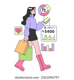 Health and wellness tracker application. Young female character using digital device to monitor body activity. Heartbeat, temperature control and pedometer. Flat vector illustration