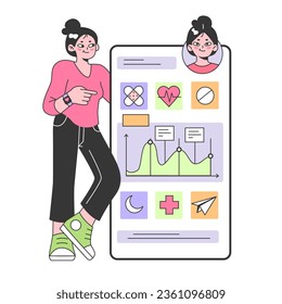 Health and wellness tracker application. Young female character using digital device to monitor body activity. Heartbeat, temperature control and pedometer. Flat vector illustration