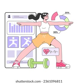 Health and wellness tracker application. Young female character using digital device to monitor body activity. Heartbeat, temperature control and pedometer. Flat vector illustration