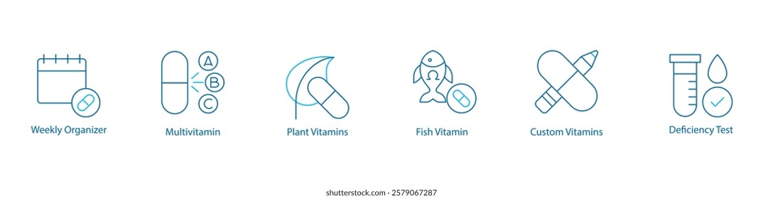 Health  Wellness Vector Icon Set – Weekly Organizer, Multivitamin, Plant   Fish Vitamins, Custom Supplements, Deficiency Test