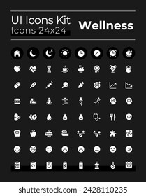 Health and wellness white glyph ui icons set for dark mode. Silhouette symbols on black background. Solid pictograms for web, mobile. Vector isolated illustrations. Montserrat Bold, Light fonts used