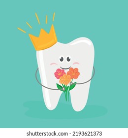 health whitening tooth to show solidity tooth with shining effect and a happy face with flowers. Vector illustration