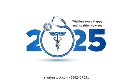 Health wishes concept, greeting card. China Snake with Doctor Stethoscope and new year 2025 number. Vector illustration.