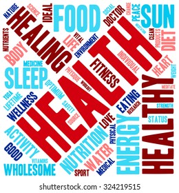 Health word cloud on a white background. 