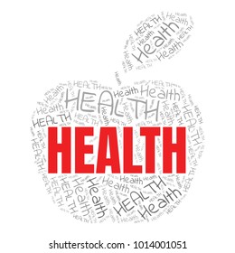 Health word cloud in shape of apple. Vector collage made from tags