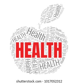 Health word cloud in shape of apple. Vector collage made from tags
