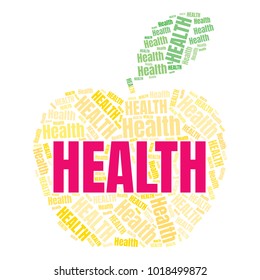 Health word cloud in shape of apple. Vector collage made from tags