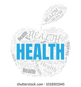 Health word cloud in shape of apple. Vector collage made from tags