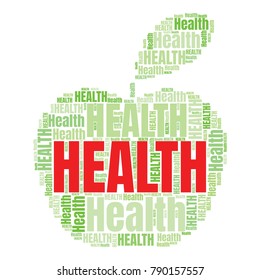 Health word cloud in shape of apple. Vector collage made from tags