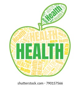 Health word cloud in shape of apple. Vector collage made from tags