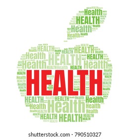 Health word cloud in shape of apple. Vector collage made from tags