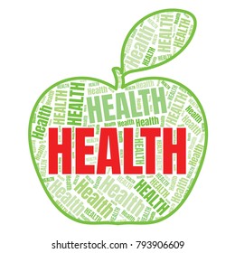 Health word cloud in shape of apple. Vector collage made from tags