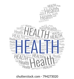 Health word cloud in shape of apple. Vector collage made from tags