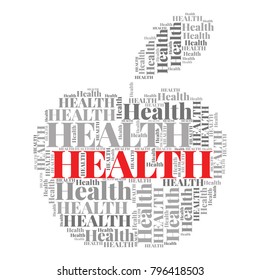 Health word cloud in shape of apple. Vector collage made from tags