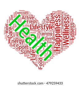 Health word cloud in shape of heart. Sport and healthcare concept.