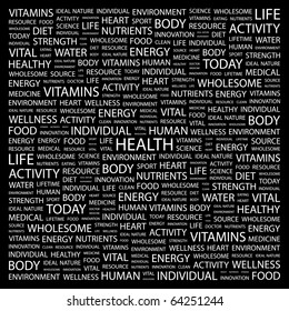 HEALTH. Word collage on black background. Illustration with different association terms.