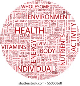 HEALTH. Word collage on white background. Illustration with different association terms.