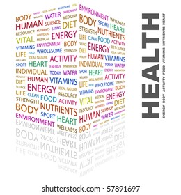 HEALTH. Word collage on white background. Illustration with different association terms.