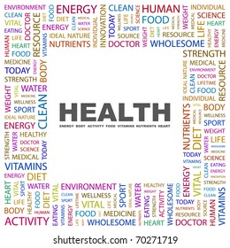 HEALTH. Word collage on white background. Illustration with different association terms.