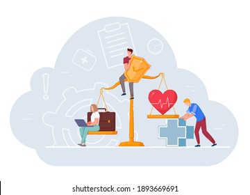 Health And Work Conflict Of Interest, Imbalance Comparison. Measurement Equality People Healthcare And Job, Business Stress And Healthy Life On Weighing Scale To Find Work Balance Vector Illustration