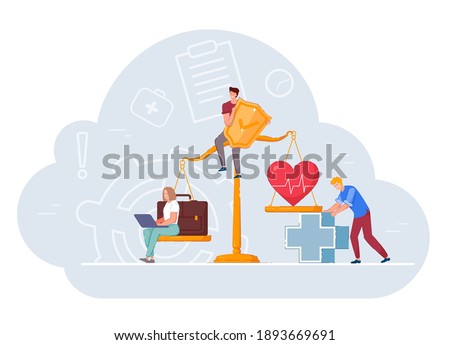 Health and work conflict of interest, imbalance comparison. Measurement equality people healthcare and job, business stress and healthy life on weighing scale to find work balance vector illustration
