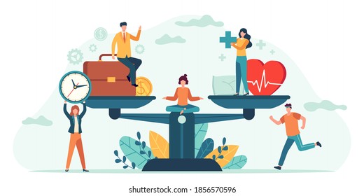 Health and work on scales. People balance job, money and sleep. Comparison business stress and healthy life. Tiny employees vector concept. Measurement equality health and work illustration - Shutterstock ID 1856570596