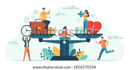 Health and work on scales. People balance job, money and sleep. Comparison business stress and healthy life. Tiny employees vector concept. Measurement equality health and work illustration ストックフォト © 