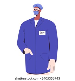 Health worker, doctor in surgical uniform. Medic in protective mask, glasses. Dentist, surgeon in medical gloves. Surgery practitioner works in clinic. Flat isolated vector illustration on white