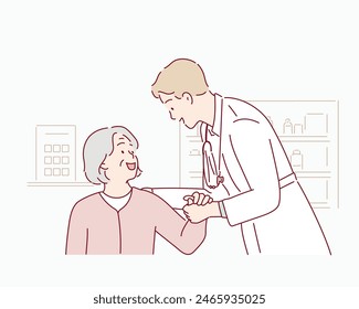 Health worker holding patient's hand. a senior woman holding hands with a doctor. Hand drawn style vector design illustrations.