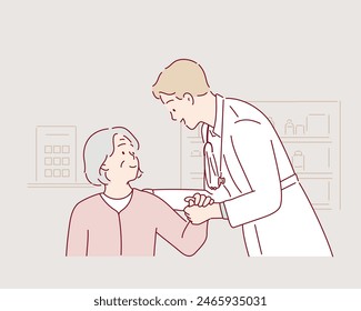 Gesundheitspersonal mit der Hand des Patienten. Eine ältere Frau mit dem Arzt. Handgezeichnete Stil Vektorgrafik Design Illustrationen.