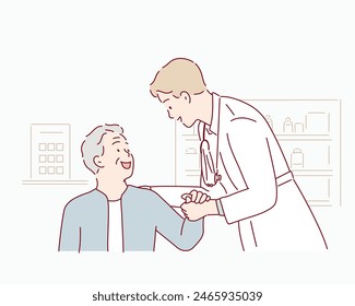 Trabajador de la salud sosteniendo la mano del paciente. Un hombre mayor sosteniendo las manos con un doctor. Ilustraciones de diseño de Vector dibujado a mano.