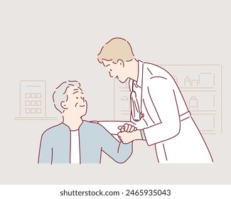 Gesundheitspersonal an der Hand eines Patienten. Ein leitender Mann hält die Hände eines Arztes. Handgezeichnete Stil Vektorgrafik Design Illustrationen.