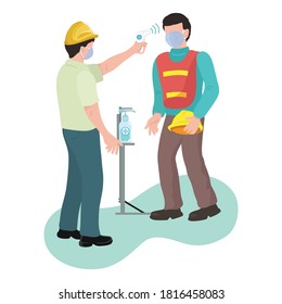 Health Workers Checking Body Temperature Workers Construction Industry,  Illustration Vector Cartoon