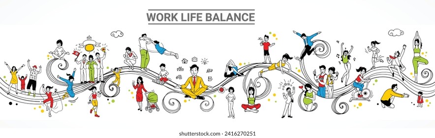 Health and work-life balance. People balance job, money and sleep. Comparison business stress and healthy life. Tiny employees vector concept. Measurement equality health and work illustration.