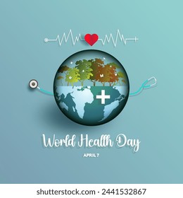 Health world day 2024, World Health Day is a global health awareness day celebrated, Vector illustration poster concept design with world map and stethoscope. Logo Icon Design Template.