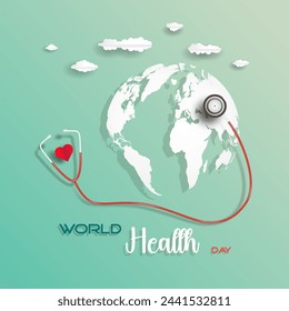 Health world day 2024, Vector illustration sign symbol poster concept design on green with world map and stethoscope. World Health Day is a global health awareness day celebrated, Design Template.