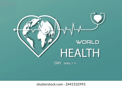 Health world day heart icon, World Health Day is a global health awareness day celebrated. Vector illustration sign symbol poster concept design on blue gray with world map in heart and stethoscope.