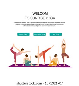 Health and Yoga landing web page template. Online yoga school webpage interface. Competitive game website design layout. Active lifestyle web banner concept. Woman does yoga exercise, yoga pose.