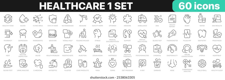 Healthcare 1 set línea iconos colección. Medicina, deporte, psicología, farmacia, ambulancia, iconos de fitness. Conjunto de iconos de interfaz de usuario. Paquete de iconos de contorno delgado. Ilustración vectorial EPS10