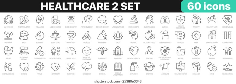 Healthcare 2 establece la colección de iconos de línea. Medicina, deporte, psicología, farmacia, ambulancia, iconos de fitness. Conjunto de iconos de interfaz de usuario. Paquete de iconos de contorno delgado. Ilustración vectorial EPS10