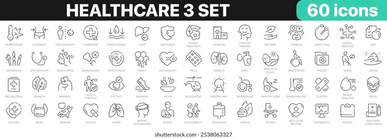 Healthcare 3 set línea iconos colección. Medicina, deporte, psicología, farmacia, ambulancia, iconos de fitness. Conjunto de iconos de interfaz de usuario. Paquete de iconos de contorno delgado. Ilustración vectorial EPS10