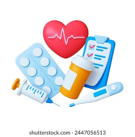 Healthcare 3d concept. Medical tools, red heart with heartbeat, pills and syringe. Health, pharmacy or hospital vector render elements design