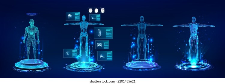 Healthcare 3D human body hologram with with full body scan, bones, organs, joints, brain in futuristic HUD style. Body x-ray scan with 3D models human in HUD style. Futuristic lab with UI. Vector xray - Shutterstock ID 2201435621