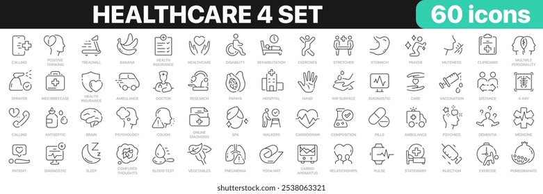 Healthcare 4 set line icons colección. Medicina, deporte, psicología, farmacia, ambulancia, iconos de fitness. Conjunto de iconos de interfaz de usuario. Paquete de iconos de contorno delgado. Ilustración vectorial EPS10