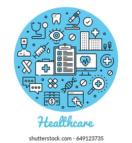 Healthcare. Abstract circle concepts health care banner. Thin line art design. Modern graphic design line icons, flat elements set for websites, web banners, infographics. Creative vector illustration