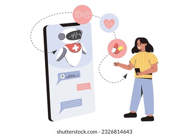 Healthcare AI consulting service. Flat patient receive consultation and treatment in online chat with chatbot. Bot give medical advice or diagnosis. Clinic AI assistant. Future technology in medicine.