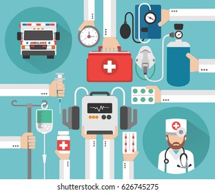 Healthcare Ambulance concept design flat with doctor.Vector illustration